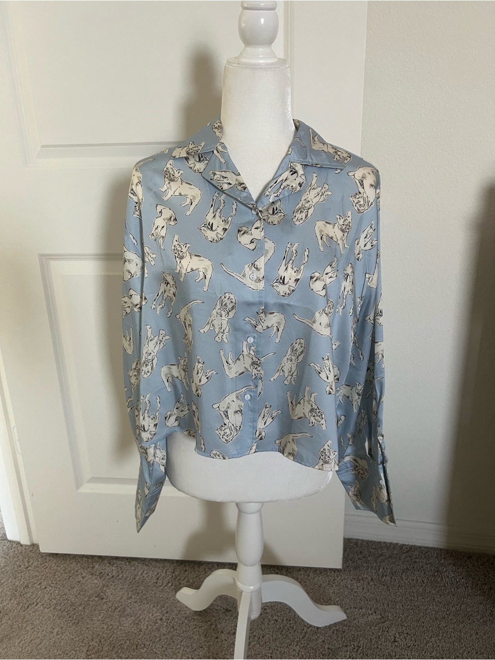 NWOT Light Blue Satin Button-Up Blouse with Dog Print